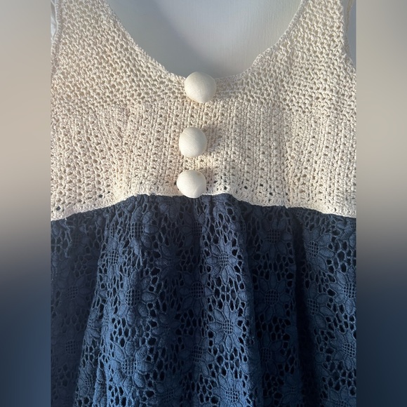 Vintage Manoush Lace Macrame Ruffle Hem Tank Dress Navy Cream Bohemian Boho - Picture 4 of 8